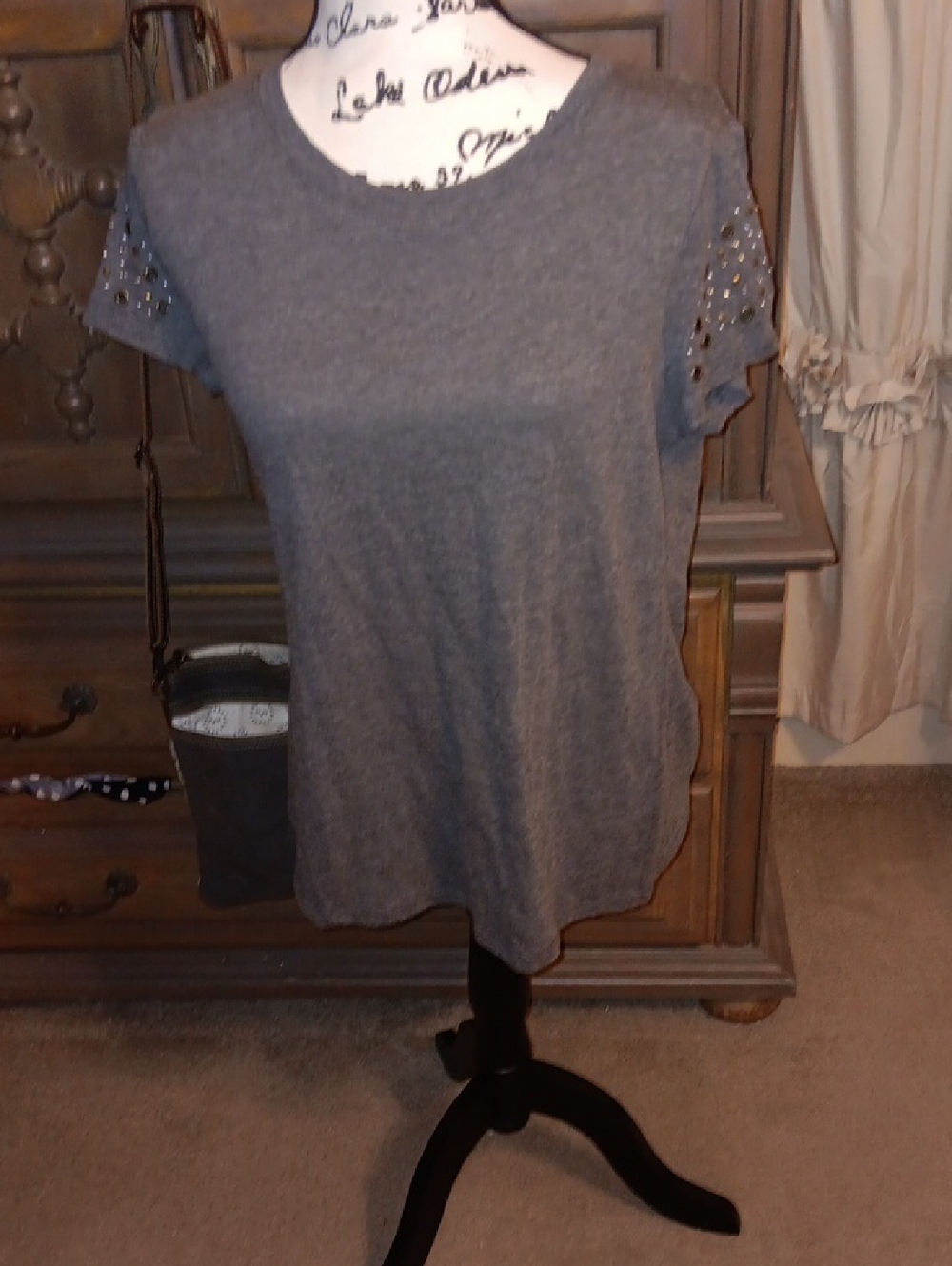 Maurices Charcoal Gray Short Sleeve Tee with Studded Sleeves